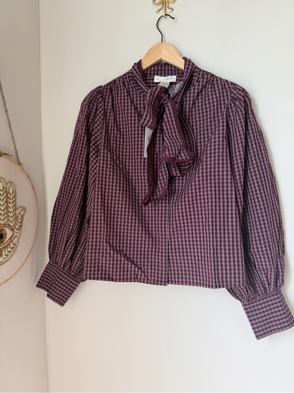 Caroline Constas burgundy Gingham plaid Tie-Neck long sleeve Blouse